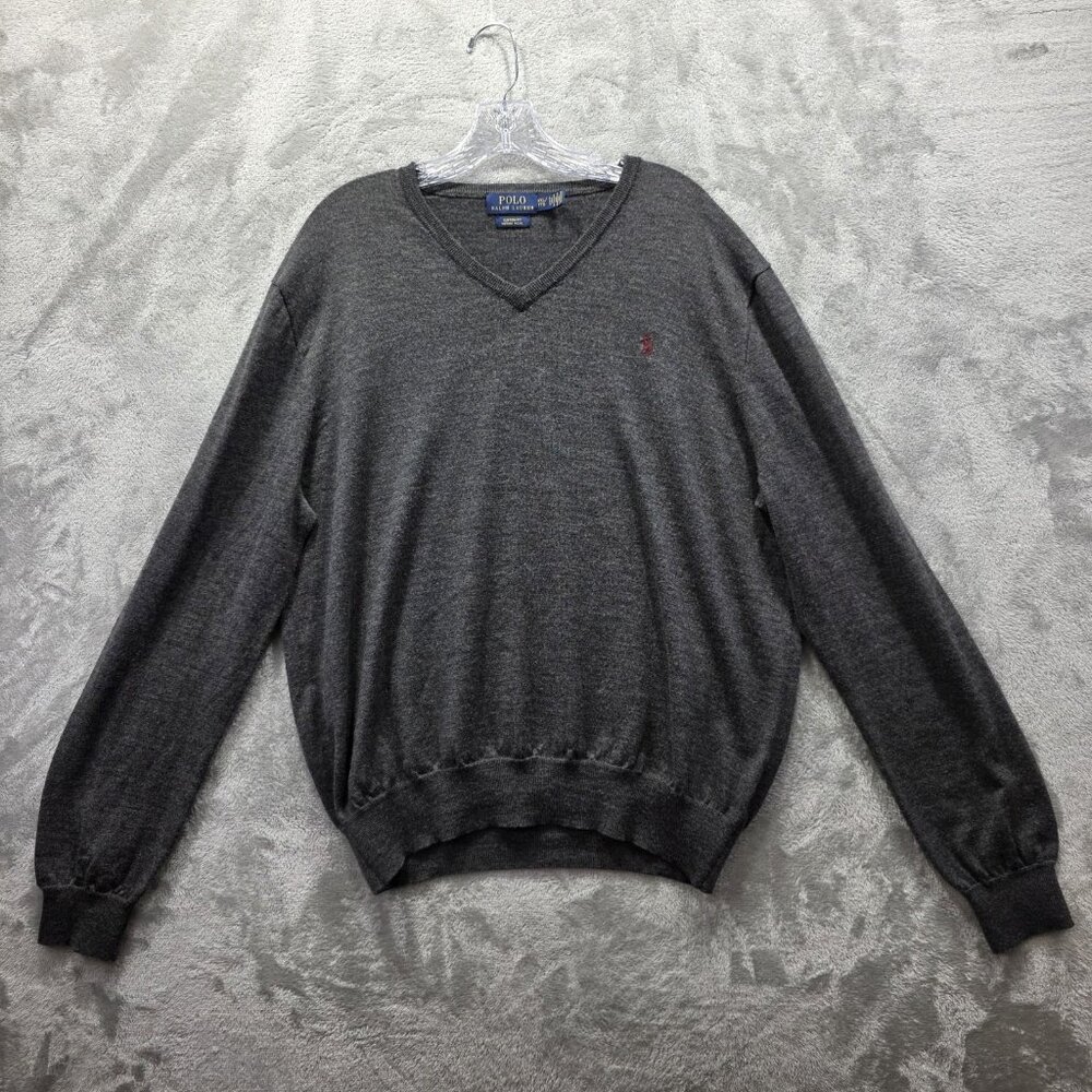Polo Ralph Lauren Sweater Mens 2XL Gray V Neck Merino Wool Custom Fit Red Pony